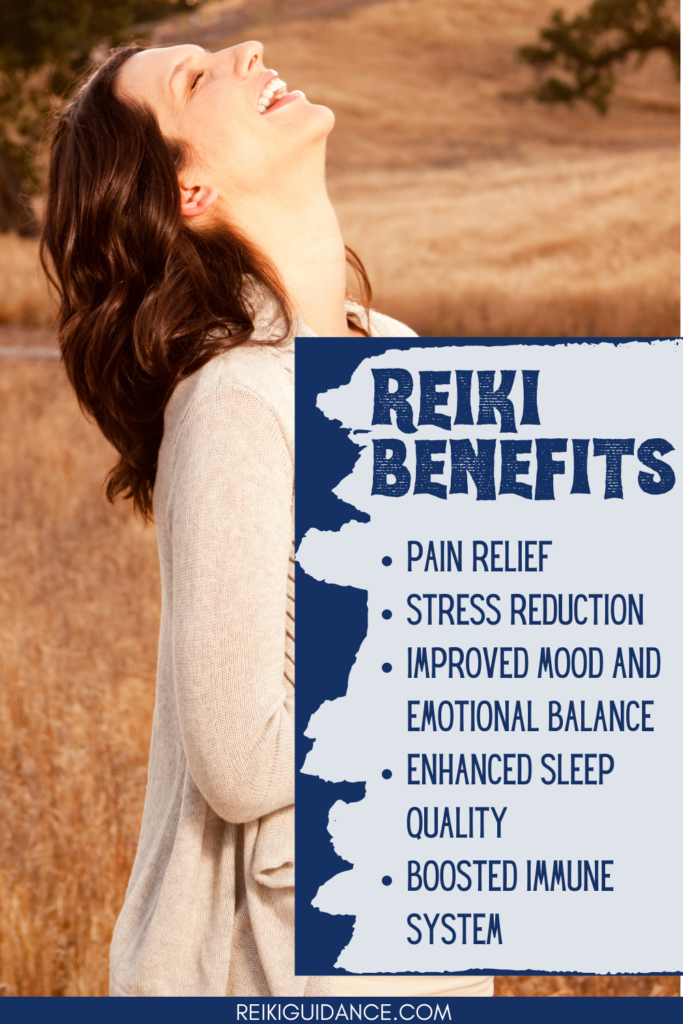 woman with head thrown back in laughter as she experiences numerous Reiki benefits like pain relief, stress reduction, improved mood and emotional balance, enhance quality of sleep, and boosted immune system