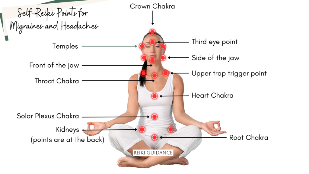 Woman in a seated meditation position with important self-Reiki points for migraines and headaches