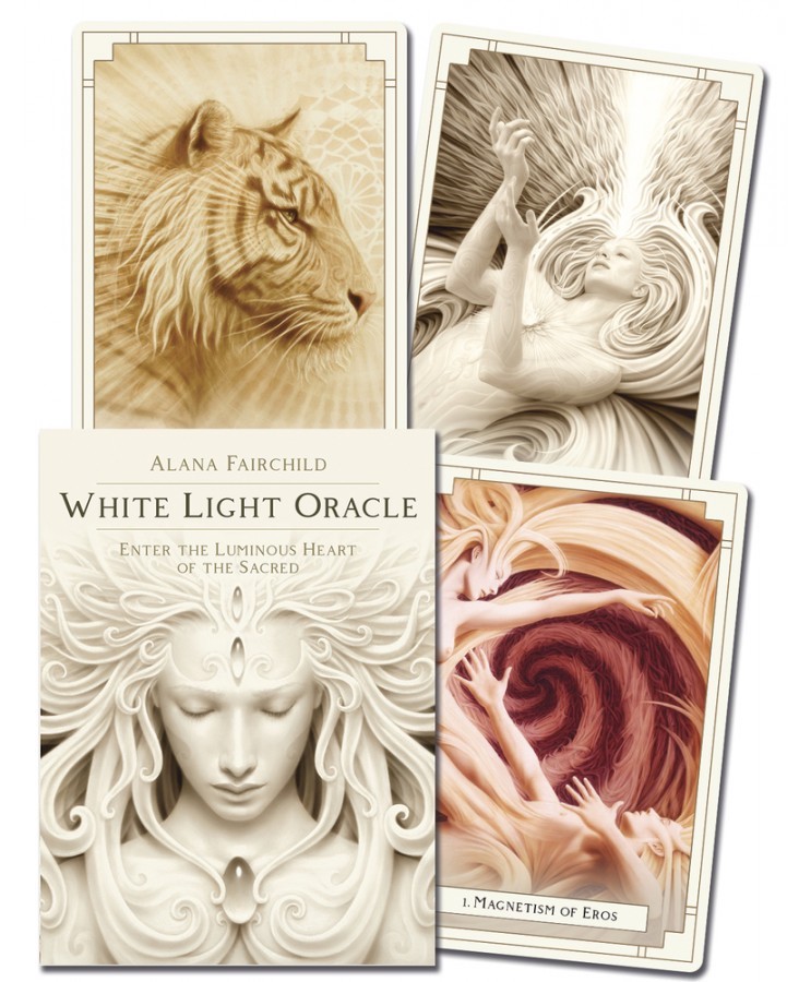 Photo of four cards from Alana Fairchild's White Light Oracle: Enter the Luminous Heart of the Sacred deck