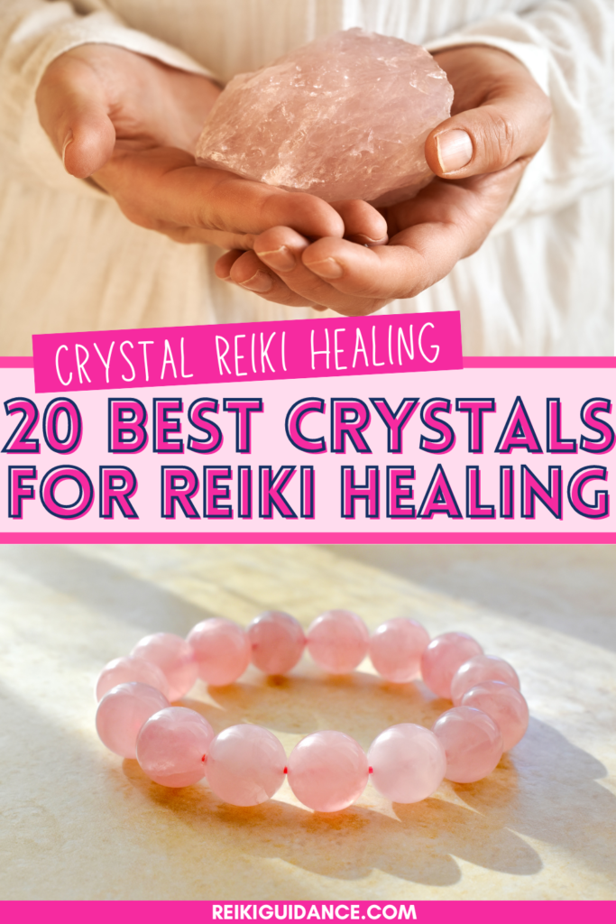 Raw Rose Quartz in the palm of a Reiki healer along a bracelet. Text: Crystal Reiki Healing - 20 Best Crystals for Reiki Healing